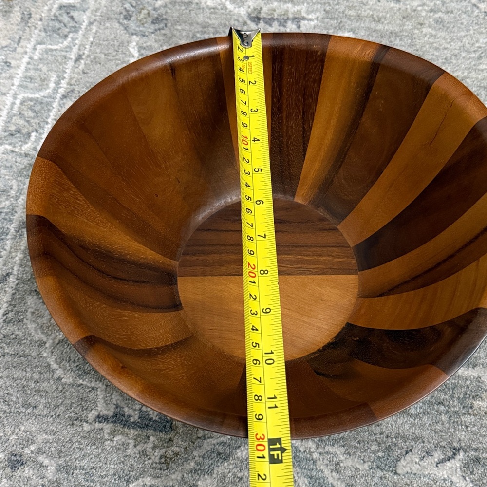 Nambe Wood-Tone Striped Acacia Salad Bowl with Servers - Picture 3 of 8